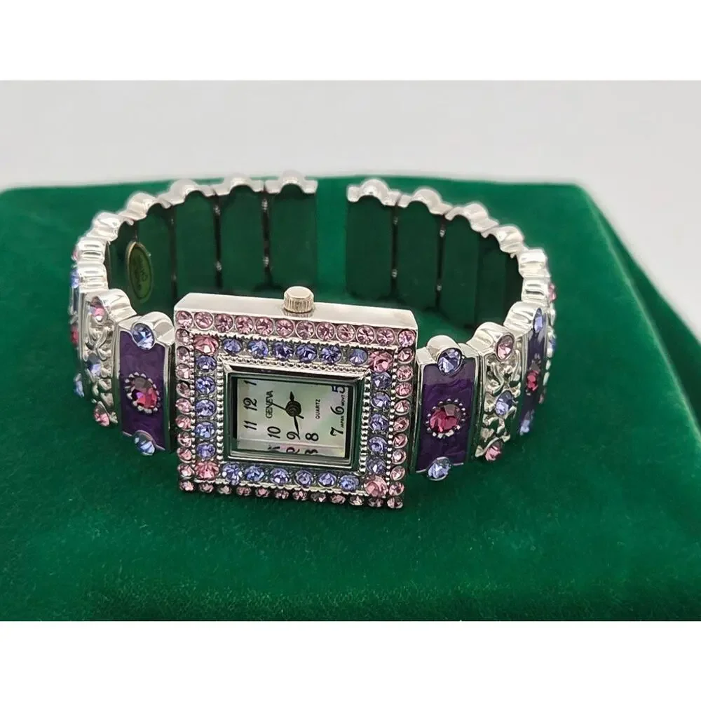 Vintage Geneva Rhinestone Watch Purple Enamel Silver Stretch Cuff WORKING